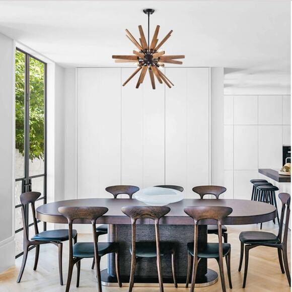 JOJOSPRING Bernice 8-Light Antique Blk Iron Base Sputnik Natural Wood Chandelier - Picture 12 of 13